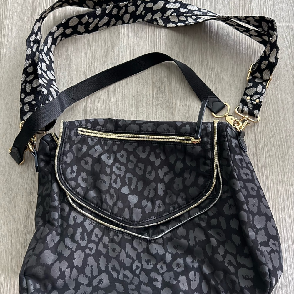 Stella and Dot Lady Boss Black Gray Leopard-Print Crossbody Tote Bag -
